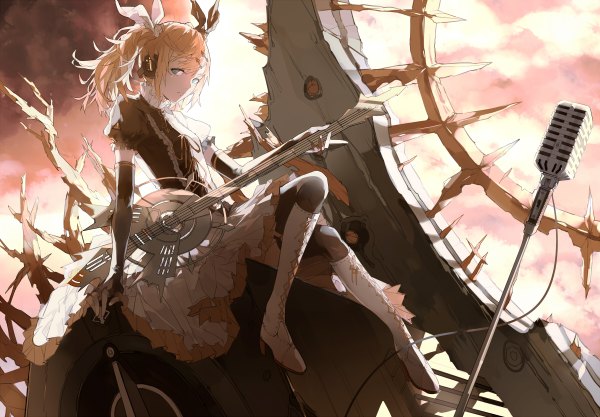 Anime picture 1200x834 with vocaloid meltdown (vocaloid) kagamine rin nine (liuyuhao1992) single long hair looking at viewer blue eyes blonde hair sitting twintails girl thighhighs dress gloves black thighhighs elbow gloves boots headphones fingerless gloves