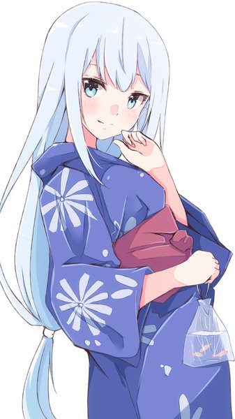 Anime picture 600x1067 with idolmaster idolmaster million live! idolmaster million live! theater days shiraishi tsumugi enelis single long hair tall image looking at viewer blush simple background smile white background silver hair traditional clothes japanese clothes aqua eyes turning head low ponytail girl