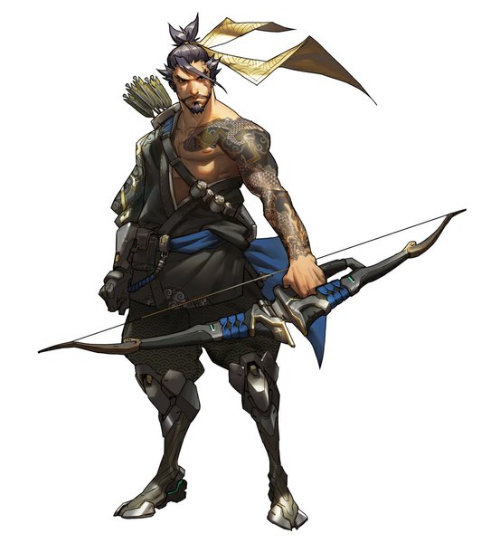 Anime picture 900x1014 with overwatch blizzard entertainment hanzo (overwatch) hanzo shimada (overwatch) tagme (artist) single tall image looking at viewer short hair black hair simple background white background black eyes tattoo sidewhiskers boy weapon bow (weapon) arrow (arrows) beard