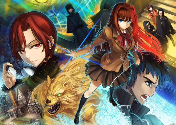 Anime picture 1800x1273 with mahou tsukai no yoru aozaki aoko kuonji alice aozaki touko lugh beowulf todee long hair highres short hair blue eyes black hair red eyes brown hair multiple girls red hair multiple boys magic nun girl boy