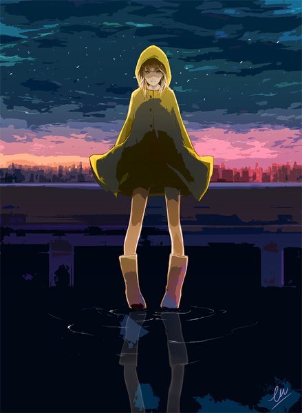 Anime picture 800x1093 with original tagme (artist) single tall image looking at viewer fringe short hair blonde hair standing yellow eyes sky light smile wind night night sky city reflection hands behind back cityscape girl