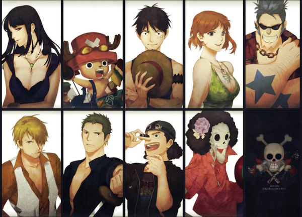 Anime picture 1280x922 with one piece toei animation nami (one piece) monkey d. luffy nico robin roronoa zoro sanji tony tony chopper usopp franky brook (one piece) zis (artist) long hair short hair black hair blonde hair smile multiple girls blue hair hair flower