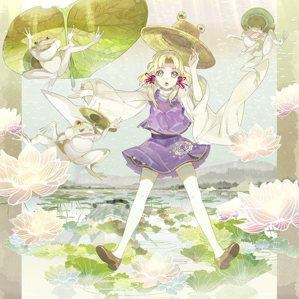 Anime picture 2000x2000 with touhou moriya suwako 119 single highres short hair blonde hair yellow eyes girl thighhighs skirt flower (flowers) hat white thighhighs water leaf (leaves) skirt set frog water lily