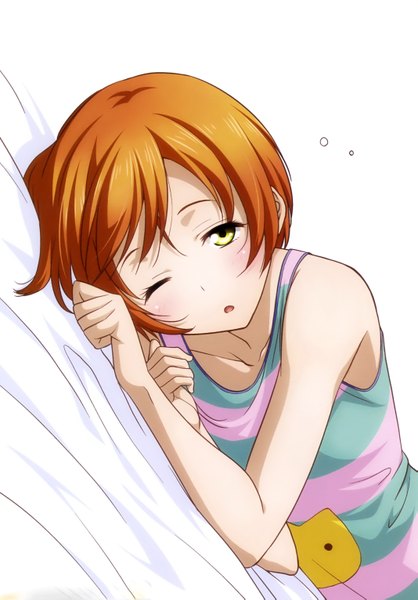 Anime picture 2133x3062 with love live! school idol project sunrise (studio) love live! hoshizora rin inou shin single tall image looking at viewer highres short hair open mouth simple background white background yellow eyes one eye closed wink scan orange hair girl