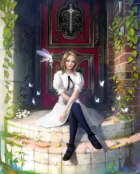 Anime picture 1024x1268 with original mujiha (mlog) single tall image looking at viewer blush blue eyes smile brown hair sitting full body realistic crossed legs fairy girl dress flower (flowers) white dress insect butterfly