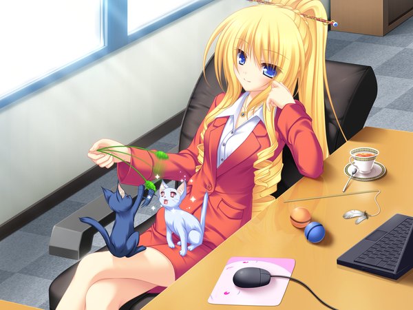 Anime picture 1600x1200 with neko koi! whirlpool (studio) koshimizu rei mikagami mamizu single long hair looking at viewer blue eyes blonde hair smile game cg ponytail office lady office girl skirt window cat chair suit