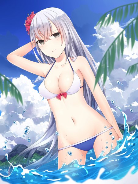 Anime picture 2185x2900 with warship girls r saikou-iro aurora single long hair tall image looking at viewer blush fringe highres breasts light erotic smile hair between eyes sky cleavage silver hair cloud (clouds) hair flower light smile black eyes