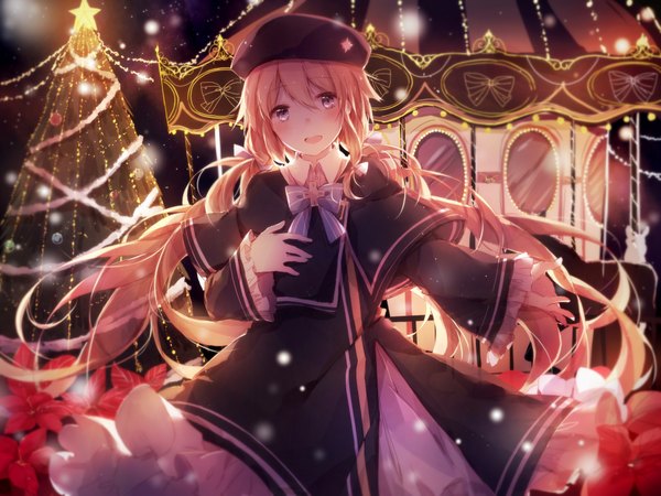 Anime picture 2000x1500 with original magi in wanchin basilica xiao ma peneko single long hair looking at viewer blush fringe highres open mouth blonde hair hair between eyes purple eyes twintails sky outdoors long sleeves head tilt night