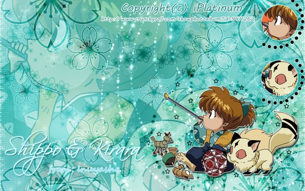Anime picture 1680x1050 with inuyasha kirara (inuyasha) shippo short hair brown hair wide image sitting ponytail profile wallpaper character names chibi zoom layer floral background aqua background boy toy