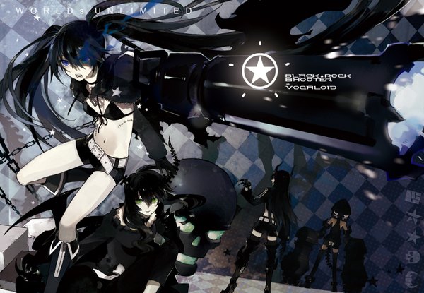 Anime picture 1496x1035 with black rock shooter black rock shooter (character) dead master strength (black rock shooter) black gold saw blue e blue eyes black hair twintails multiple girls green eyes horn (horns) from behind midriff glowing scar group glowing eye (eyes) pale skin checkered background