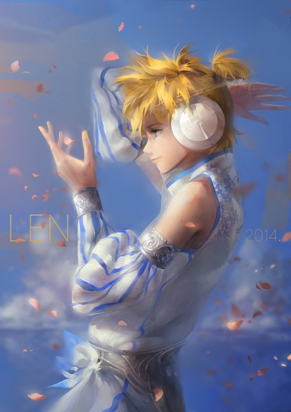 Anime picture 1754x2480 with vocaloid kagamine len a-shacho tall image highres short hair blue eyes blonde hair looking away sky profile inscription 2014 boy detached sleeves petals headphones