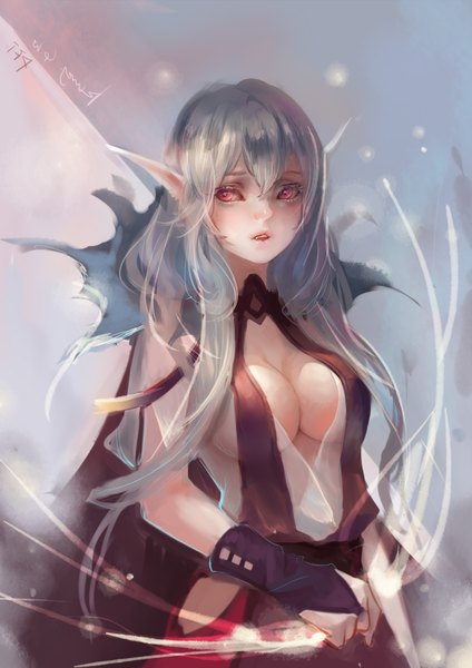 Anime picture 2480x3507 with original pixiv fantasia pixiv fantasia t kamachi kamachi-ko single long hair tall image highres breasts light erotic red eyes large breasts signed looking away cleavage silver hair parted lips pointy ears magic girl