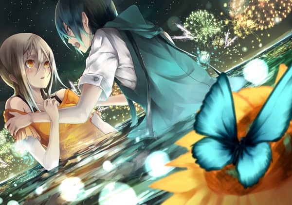 Anime picture 2000x1413 with original kizuka kanata highres short hair open mouth blue eyes multiple girls blue hair silver hair orange eyes couple fireworks girl 2 girls water insect butterfly