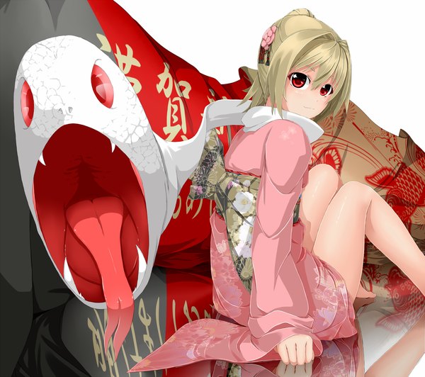 Anime picture 1500x1332 with original ayase tamaki single short hair blonde hair red eyes traditional clothes japanese clothes looking back teeth fang (fangs) girl animal kimono obi snake