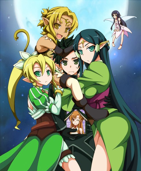 Anime picture 1155x1400 with sword art online a-1 pictures yuuki asuna kirigaya kazuto leafa yui (sao) sakuya (sao) alicia rue gacchi (supergatchi) long hair tall image short hair open mouth black hair blonde hair multiple girls green eyes animal ears yellow eyes ponytail