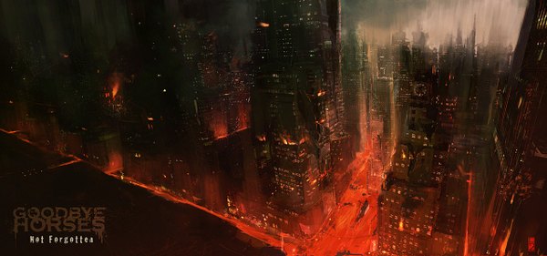 Anime picture 1280x600 with original crahzz wide image night city cityscape city lights cover panorama