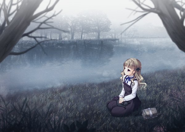 Anime picture 1003x717 with original miyai max single long hair blush blonde hair brown eyes looking away river fog girl dress plant (plants) animal tree (trees) cat