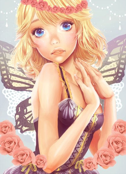Anime picture 1500x2064 with vocaloid kagamine rin minami haruya single tall image looking at viewer short hair blue eyes blonde hair bare shoulders insect wings butterfly wings fake wings girl dress flower (flowers) wings rose (roses) wreath