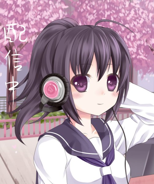 Anime picture 1114x1332 with original ikeda yuuki (artist) tall image blush short hair black hair purple eyes girl serafuku headphones