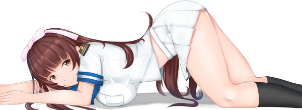 Anime picture 3038x1107 with aoki hagane no arpeggio amaha kotono chiyo goya single long hair looking at viewer highres light erotic simple background brown hair wide image white background brown eyes girl skirt bow hair bow miniskirt socks black socks