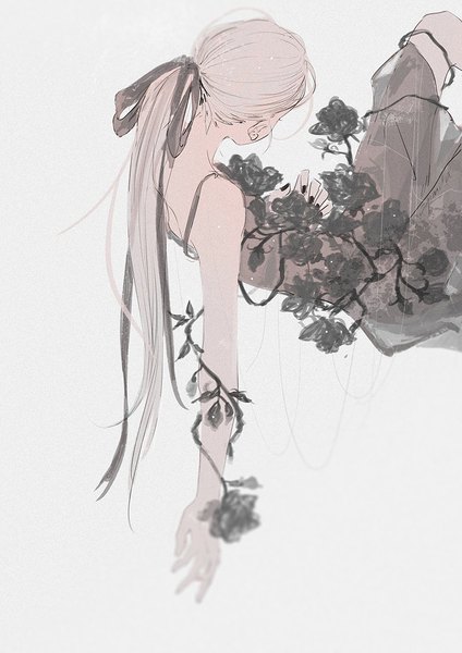 Anime picture 800x1131 with original ajimita single long hair tall image simple background bare shoulders ponytail grey hair grey background girl dress flower (flowers) ribbon (ribbons) hair ribbon black dress rose (roses)