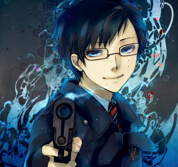 Anime picture 1200x1125 with ao no exorcist a-1 pictures okumura yukio matsunaka hiro single short hair blue eyes black hair smile boy glasses necktie gun coat