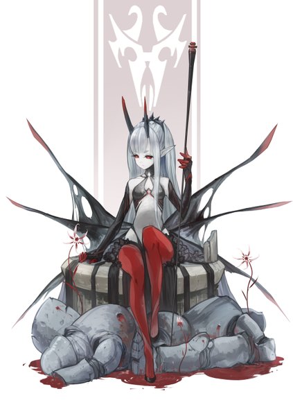 Anime picture 1000x1419 with original pixiv fantasia pixiv fantasia fallen kings primrose single tall image fringe breasts light erotic red eyes white background sitting looking away silver hair bent knee (knees) very long hair horn (horns) pointy ears grey hair bare belly