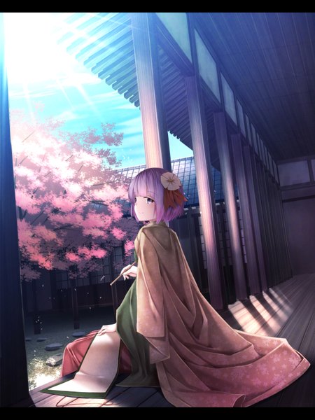 Anime picture 2400x3200 with touhou hieda no akyuu waterdog single tall image looking at viewer blush fringe highres short hair smile sitting purple eyes pink hair purple hair traditional clothes sunlight letterboxed girl hair ornament