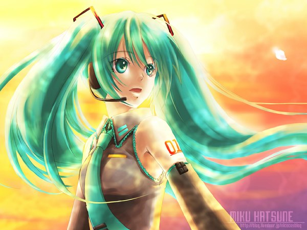 Anime picture 1024x768 with vocaloid hatsune miku long hair open mouth twintails aqua eyes aqua hair evening sunset girl detached sleeves petals necktie microphone