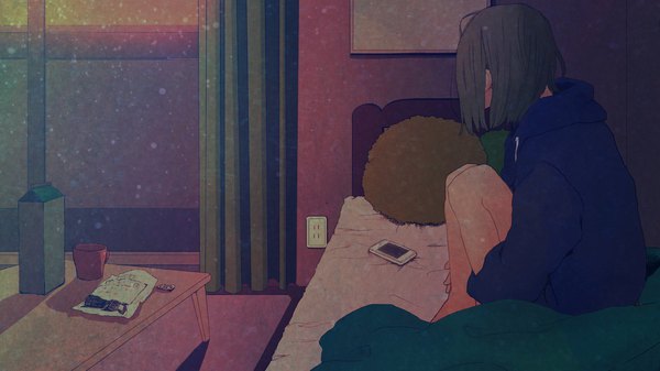 Anime picture 1920x1080 with original asakurazeze single highres short hair black hair wide image sitting full body bent knee (knees) indoors long sleeves barefoot bare legs shadow evening no face girl window pillow