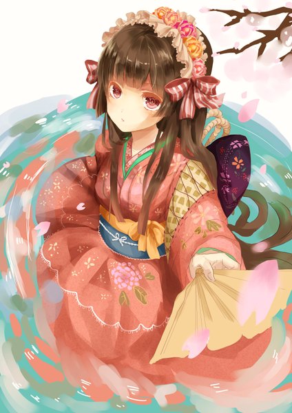Anime picture 2480x3507 with original niwa (19950319) long hair tall image highres black hair red eyes japanese clothes cherry blossoms girl flower (flowers) petals kimono fan
