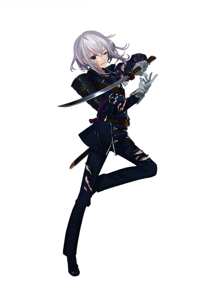 Anime picture 1000x1415 with touken ranbu nitroplus honebami toushirou tagme (artist) single tall image looking at viewer short hair purple eyes silver hair full body one eye closed official art torn clothes transparent background leg lift (legs lift) fighting stance boy gloves weapon
