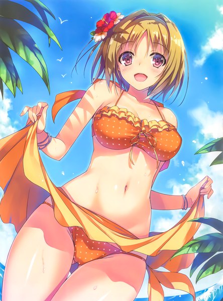 Anime picture 5258x7095 with youkoso jitsuryoku shijou shugi no kyoushitsu e kushida kikyou tomose shunsaku single tall image blush highres short hair open mouth light erotic blonde hair absurdres sky :d pink eyes hair flower official art ass visible through thighs girl navel