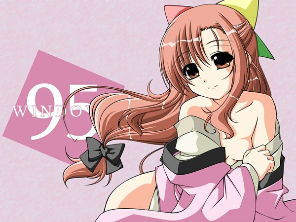 Anime picture 1024x768 with os-tan 95-tan single long hair breasts light erotic brown hair brown eyes looking away traditional clothes japanese clothes low ponytail pink background half updo girl bow hair bow kimono open kimono