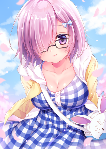 Anime picture 720x1007 with fate (series) fate/grand order mash kyrielight mitsuba choco single tall image looking at viewer fringe short hair breasts large breasts purple eyes pink hair sky cleavage cloud (clouds) light smile hair over one eye leaning leaning forward