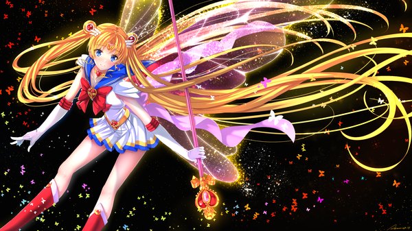 Anime picture 1920x1080 with bishoujo senshi sailor moon toei animation tsukino usagi sailor moon swordsouls single looking at viewer blush highres blue eyes blonde hair smile wide image twintails very long hair dark background insect wings butterfly wings girl skirt