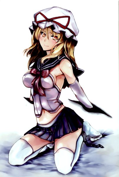 Anime picture 2043x3030 with touhou yakumo yukari virus (obsession) single tall image highres breasts light erotic blonde hair white background yellow eyes tears girl thighhighs gloves uniform bow school uniform hat elbow gloves