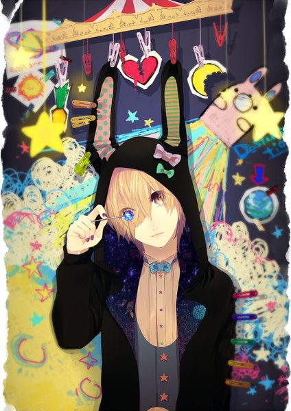 Anime picture 964x1364 with original kyama single tall image looking at viewer blonde hair animal ears nail polish bunny ears abstract colorful boy bow shirt heart bowtie star (symbol) hood