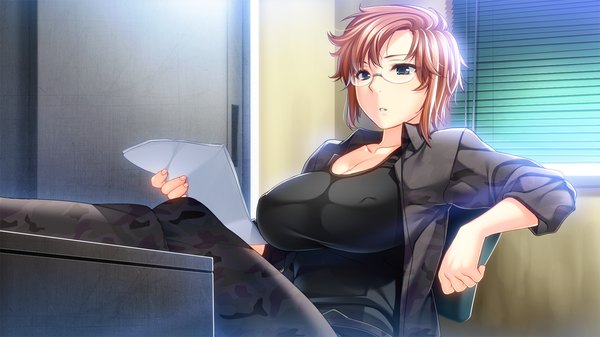 Anime picture 1280x720 with gun knight girl komiya tamaki sumeragi kohaku short hair breasts blue eyes light erotic brown hair wide image large breasts game cg girl uniform glasses military uniform