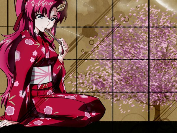 Anime picture 1024x768 with mobile suit gundam gundam seed destiny sunrise (studio) lacus clyne long hair sitting japanese clothes wallpaper cherry blossoms girl yukata closed fan