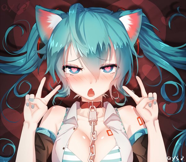 Anime picture 950x829 with vocaloid hatsune miku qys3 single long hair looking at viewer blush fringe breasts open mouth light erotic hair between eyes signed animal ears payot upper body ahoge aqua eyes cat ears aqua hair