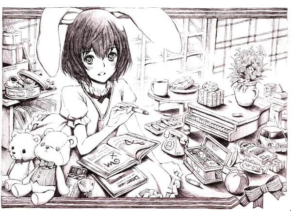Anime picture 1500x1091 with touhou inaba tewi nobita (makoto7060355) short hair animal ears bunny ears monochrome girl dress food sweets book (books) toy bouquet teddy bear mug phone vase piano