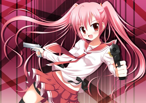 Anime picture 1130x800 with hidan no aria kanzaki h aria long hair open mouth red eyes twintails pink hair loli girl thighhighs skirt weapon miniskirt serafuku