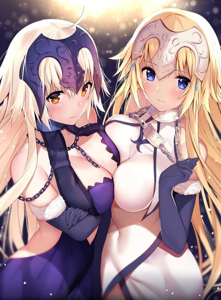 Anime picture 700x952 with fate (series) fate/apocrypha jeanne d'arc (fate) (all) jeanne d'arc alter (fate) jeanne d'arc (fate) jeanne d'arc alter (avenger) (third ascension) (fate) matarou (genkai toppa) long hair tall image looking at viewer blush breasts light erotic blonde hair large breasts multiple girls yellow eyes ahoge light smile from above