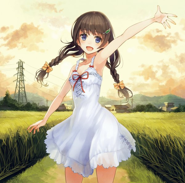 Anime picture 3400x3359 with original paseri single long hair looking at viewer blush fringe highres open mouth smile brown hair standing purple eyes absurdres sky cleavage cloud (clouds) outdoors braid (braids) wind