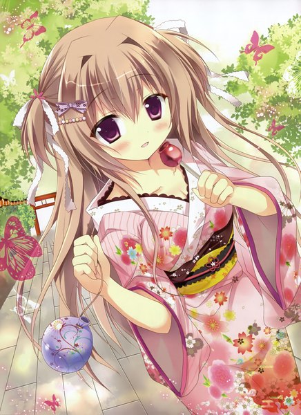Anime picture 2876x3951 with original azumi kazuki single long hair tall image looking at viewer blush highres brown hair purple eyes traditional clothes japanese clothes two side up girl bow hair bow food kimono insect butterfly