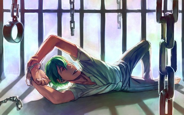 Anime picture 1100x689 with blazblue hazama chongcao single looking at viewer short hair open mouth wide image holding lying green hair orange eyes mouth hold boy chain shackles key handcuffs bars prison cell