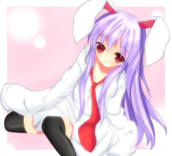 Anime picture 1200x1090 with touhou reisen udongein inaba single long hair looking at viewer blush red eyes purple hair bunny ears bunny girl girl thighhighs black thighhighs shirt necktie