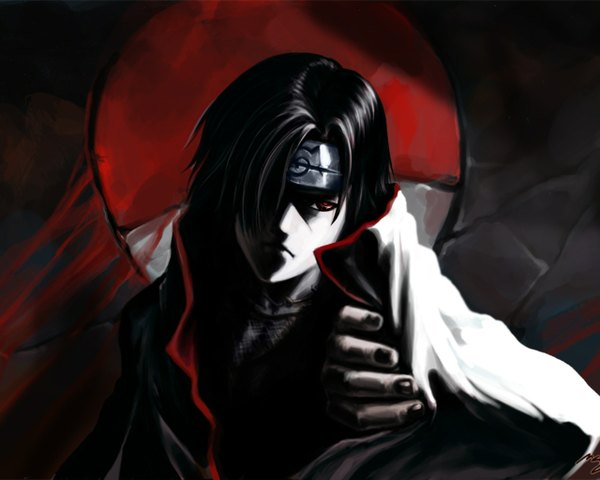 Anime picture 1280x1024 with naruto studio pierrot naruto (series) uchiha itachi single fringe short hair black hair red eyes nail polish hair over one eye akatsuki sharingan boy cloak bandana