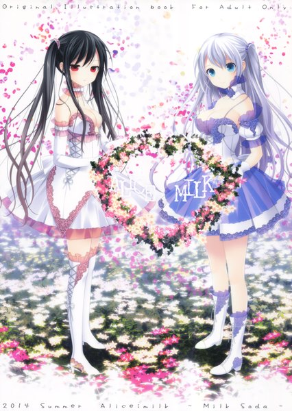Anime picture 2136x3006 with makita maki long hair tall image looking at viewer highres blue eyes black hair red eyes bare shoulders multiple girls white hair scan girl dress gloves flower (flowers) 2 girls petals elbow gloves boots